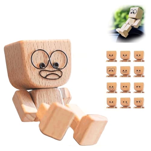 Shaking Wooden Man Ornament Wood Figure with Spring Legs Shaking Feet Wooden Man for Car Funny Cars Ornaments with 12pcs Magnetic Expressions for Car Dashboard Decorations Home Decor As Gifts