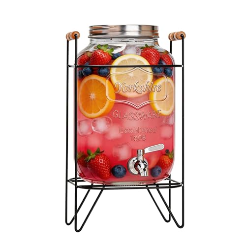 Image of 2 Gallon Glass Beverage Dispenser with Stand and Lid - Leak-Proof Mason Jar Drink Dispenser for Parties, Weddings & Outdoor BBQ - Large Clear Water Dispenser with Spigot