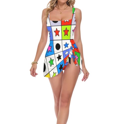 Maillot de bain femme à carreaux colorés et étoiles avec rembourrage amovible maillot 1 pièce