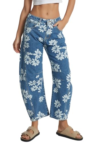 D-Sun Women Printed Barrel Jeans Casual Low Rise Floral Printed Cropped Wide Leg Denim Pants Boyfriend Baggy Jean with Pocket