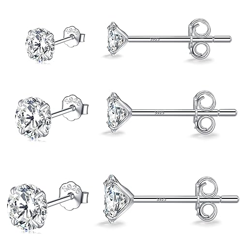 MASOP VOGU 3-5mm Sterling Silver Stud Earrings Set 14K White Gold Plated Hypoallergenic Tiny Round Cut CZ Cubic Zirconia Simulated Diamond Cartilage Studs for Women Men