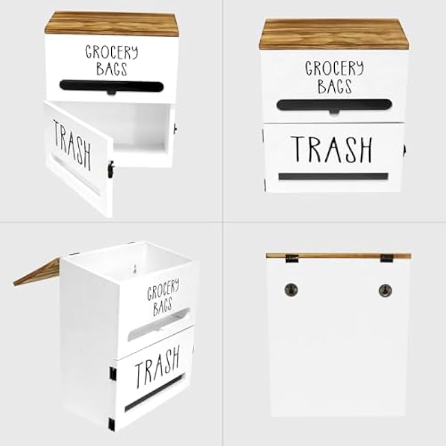 2 in 1 Trash Bag Dispenser, Double Wall Mounted,Wood Trash Bag Holder, used in kitchen, garage, laundry room, can store Environmentally friendly food bags and garbage bags