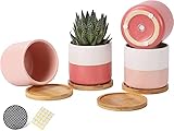 AOMRYOM 4 Inch Ceramic Garden Plant Pots with Drainage Holes and Bamboo Trays, Modern Flower Planters for Indoor Plants, Succulent, Cactus, Herbs, Mix White & Pink, Set of 4 (Plant Not Included)