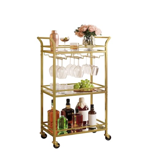 VASAGLE Bar Cart, Home Bar Serving Cart, Small Bar Serving Cart with 3-Tier Shelf, Wine Holders, Glass Holders, Mini Bar Cart for Small Spaces, Kitchen, Dining Room, Living Room, Pale Gold