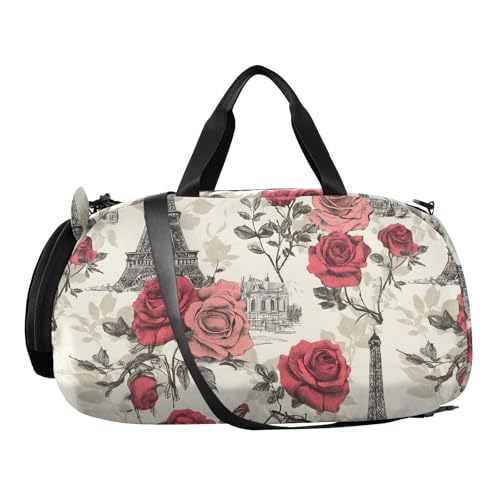 Duffle Bag for Boys or Girls with Shoes Compartment, Eiffel Tower Rose Line Sports Travel Bag Overnight2