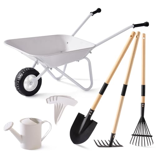ROBUD WRP57 Kit de jardin pour enfants avec brouette, outils de jardin avec arrosoir, jouet éducatif pour l'extérieur, ferme, cadeau pour garçons et filles à partir de 3 ans (gris)