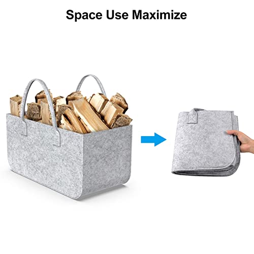 2 Stück Kaminholztasche Filz Grau mit Griffen, 52x26x26cm Filztasche, Einkaufstaschen Filztasche holzkorb für kaminholz, Spielzeug und Zeitung, Filztasche Shopper 35L Kapazität Kaminholz-6