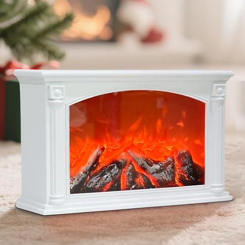 Fireplace Lanterns Decorative,Large Fake Fire Place,Flame Effect LED Fire Lamp,Battery Operated USB Charge Portable Fireplace,Indoor Outdoor Christmas Decoration (White Rectangle)