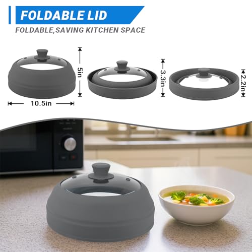 Glass Microwave Cover for Food, 10.5 Inch Collapsible Silicone Microwave Splatter Cover, Microwave Splatter Cover Glass, Microwave Food Cover for Pot Plate, Heat Resistant, BPA-Free, Dishwasher Safe