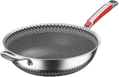 duwanlhridh 鍋 中華鍋 ステンレスフライパン 32CM 深型 厚型フライパン 油煙が出ない ガラス蓋 フルスクリーンハニカム 多用途 ハンドル付きスティックパン 調理器具 家庭用キッチン用品に適しています (カバーなし,36CM)