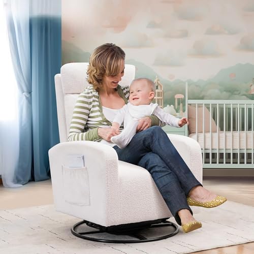 Consejos para Comprar Sillones de lactancia los mejores 5. 45 HOMYKA - Silla mecedora de 360° para guardería, silla giratoria con respaldo alto y bolsillo lateral, sillón giratorio para sala de estar, recámara, color blanco