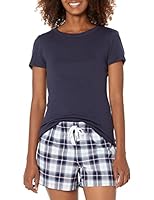Amazon Essentials Damen Nachtwäscheset mit Shorts und T-Shirt aus Popeline, Marineblau Karomuster, L