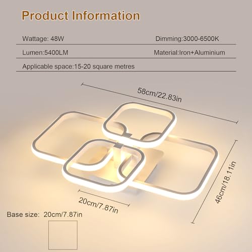 Plafonnier LED dimmable 48W 5400LM moderne à 4 carrés avec télécommande pour salon