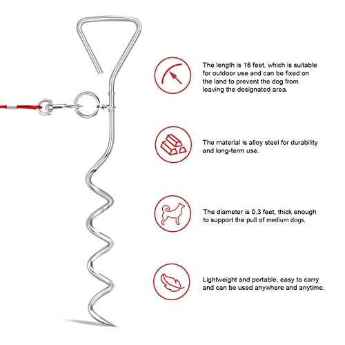 Relux Dog Tie Out Cable and Stake, 16FT Outdoor Dog Stake for Yard Training, Running, Hiking,Camping, 16 Inch Heavy Duty Dog Anchor Spiral Stake for Small to Medium Dogs(Red)