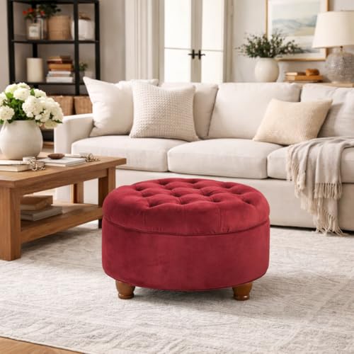 Image of Homepop Home Decor |N8264-B119 | Large Button Tufted Velvet Round Storage Ottoman | Ottoman with Storage for Living Room & Bedroom, Berry