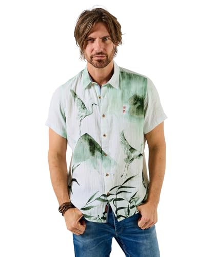 Image of Joe Browns Men's Crane Japanese-Inspired Crinkle Short Sleeve Shirt, Regular, Green, UK XL