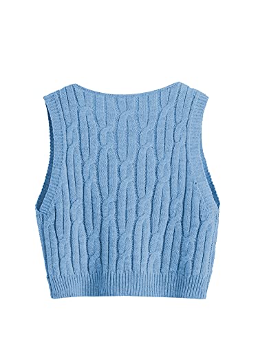 Romwe Women's Cable Knit Crop Sweater Vest Preppy Style Sleeveless V Neck Knitwear Tank Tops Blue S #TOP1