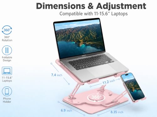 Image of Laptop Stand for Desk,Adjustable Computer Stand with 360 Rotating Base,2-in-1 Laptop Stands with Phone Holder,Ergonomic Laptop Riser for Collaborative Work,fits for All 10-16 inch Laptops (Pink)