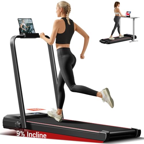 UMAY Walking Pad Treadmill with 9% Incline, Folding Treadmill with Diamond Pattern Running Belt, 12km/h Lightweight Running Machines for Home Office with LED Display, No Assembly