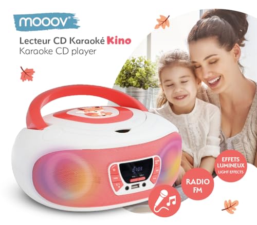 mooov 477409 CD Player Kinder Radio mit mikrofon für Karaoke-Funktion, USB Port - Kinderradio Tragbar mit Griff Lichteffekte - Netzbetrieb oder Batteriebetrieb - Rosa/Weiß