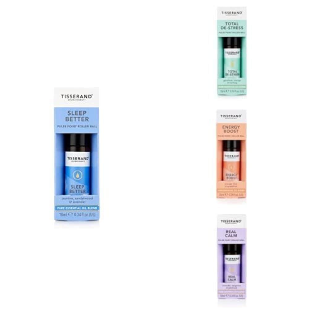 Tisserand Aromatherapy | Sleep Better, Total De-Stress, Energy Boost and Real Calm RollerBall Collection | 100% Pure Essential Oils | 4x 10ml