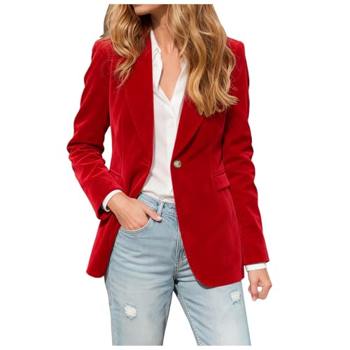 Blazer pour Femme - Velours Côtelé À 1 Bouton Vintage Manches Longues Col Revers Crantés Couleur Unie Chic Et Elegant Veste pour Le Travail Le Bureau avec Poches...