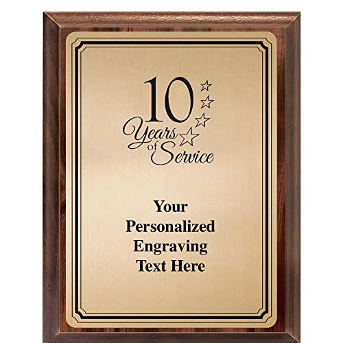 Crown Awards Custom 10 Years of Service Plaque Award, 6x8 Personalized Gold Work Anniversary Employee Appreciation Metal Trophy On Walnut Wood Plaque