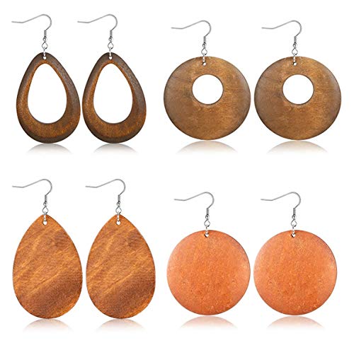 Finrezio 4 Pares Pendientes De Gota De Madera Étnicos Para Mujeres Niñas...