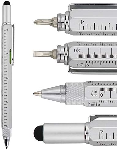 HeTaoCat Gifts Multi Tech Tool Pen 6 in 1 Stylus Pen - Screwdriver Pen with Ruler, Levelgauge, Ballpoint Pen Black ink (Silver)