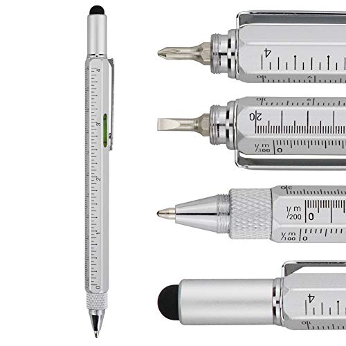 HeTaoCat Metal Multi tool Pen 6-in-1 Stylus Pen - With Screwdriver, Phillips Screwdriver, Flathead Bit Slotted Screwdriver, Ballpoint Pen Black ink, Stylus pen, Bubble Level and Ruler (Silver)