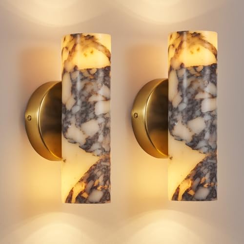 Image of Natural Marble Wall Sconces Set of 2, Alabaster Wall Light, Hardwired Wall Light Fixtures, Modern Wall Mount Wall Lights for Dining Room Stairs Bedroom Bathroom Hallway