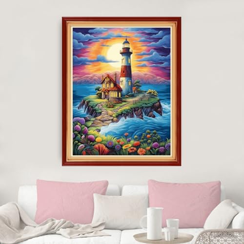 Image of Dimxvean Stamped Cross Stitch Kits,Cross Stitch Kits for Adults Beginners,Embroidery Kits Full Range of Cross Stitch Stamped Kits Needlepoint Kits Cross Stitch Patterns-Seaside Lighthouse 16x20 inch