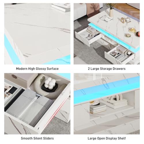 47.2 inch Modern High Glossy LED Coffee Table with 2 Sliding Drawers, Double-Layer Center Tables with LED Lights for Livings Room Furniture, White - Thumbnail 4