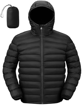 TBMPOY Men's Lightweight Packable Puffer Jacket Hooded Winter Coat Black XL