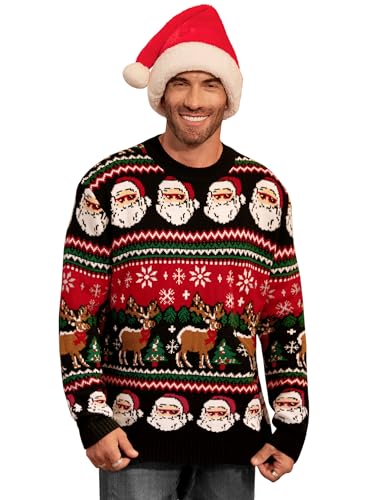 Mainfini Man Christmas Sweater Funny Xmas Santa Claus Pullover Holiday Black Elastic Reindeer Knitted Shirts S