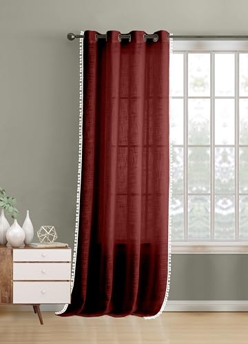 Image of THE LINEN COMPANY Cotton Linen Solid Eyelet Curtain for Window, Maroon, Linen Texture Fabric, Light Filtering Curtain Panel for Living Room & Bedroom, Window Curtain 4 Feet