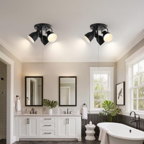 Image of 3-Light Industrial Semi Flush Mount Ceiling Light Fixture with Pull Chain Switch, Adjustable Track Spotlight, Black Metal Close to Ceiling Lamp for Bedroom Kitchen Hallway Living Room, E26