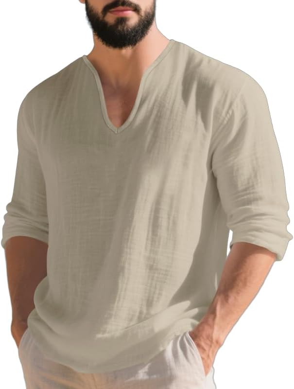 Mens Linen V-Neck Shirts Casual Long Sleeve Hippie Yoga Tops Lightweight Summer Beach Shirt