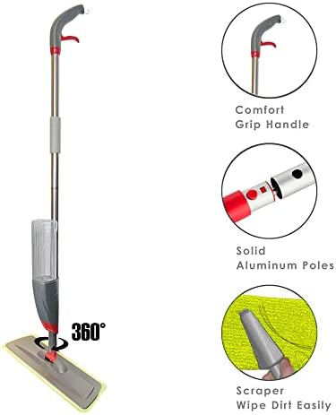 Water Spray Mop Microfiber Flat Mop for Floor Cleaning, tiles, marbles. 360 Degree Spin Dust Mop with Built-in Spray Function Microfibre Pad, No Drips (1 x Water Spray Mop)