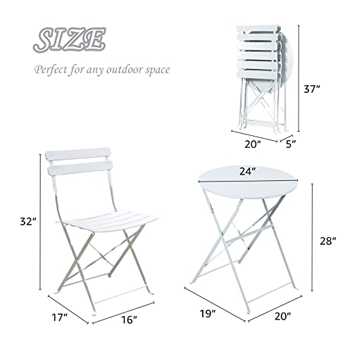 Oc Orange-Casual 3-Piece Outdoor Furniture Set, Premium Steel Patio Stripe Small Bistro Set, Folding Dining Table And Chairs For Porch Balcony, White #TOP4
