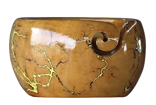 Image of Lichtenberg Figure Yarn Bowl - Handmade Wooden Yarn Bowl for Knitting Yarn Ball Holder - Yarn Bowls with Holes Crochet Bowl Holder - Yarn Storage Bowl 7 inch x 4 inch inches (Yellow Resin Yarn Bowl)