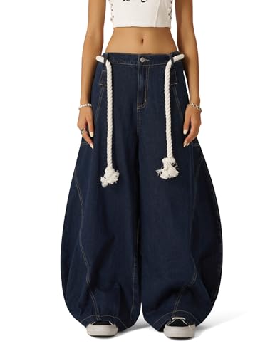 Aelfric Eden Super Baggy Barrel Jeans Wide Leg Jeans Unisex Casual Drawstring Elastic Waist Denim Pants Trouser Blue — view 2