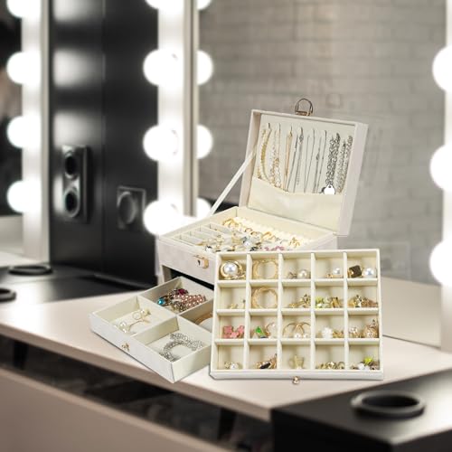 GUOER Jewelry Box for Women Girls, 3 Layers Large Jewelry Organizer(Light Khaki) — view 6