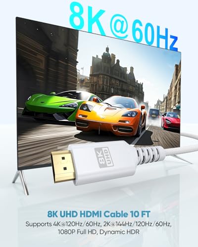 Image of 8K White HDMI Cable 10FT, 48Gbps Ultra High Speed HDMI 2.1 Cable eARC Braided HDMI Cord with 8K@60Hz, 4K@120Hz, HDR10+, Dolby, 3D, HDCP2.3 for Laptop /Monitor /HDTV /Soundbar /Blu-ray /PS5 /Xbox