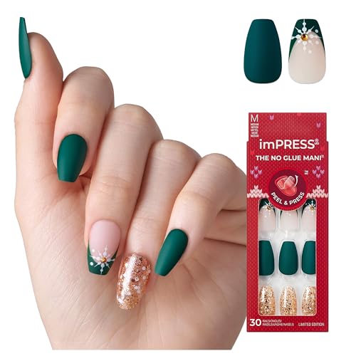 KISS imPRESS Holiday Press On Nails, ‘The Gift’, Green, Medium Coffin, Improved Super Hold Adhesive, 30 Fake Nails, Prep Pad, Mini Nail File, & Manicure Stick