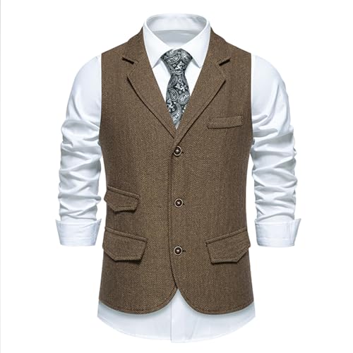 Mens Work Vest Suits Vintage Notch Collared Business Casual Formal Vests Wedding Dress Prom Tweed Vest With Pockets2