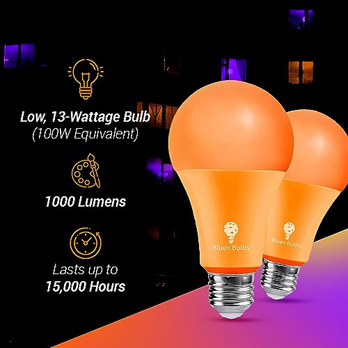 2 Pack BlueX LED A21 Orange Light Bulbs - 13W (100Watt Equivalent) - E26 Base LED Bulb, Party Decoration, Porch, Home & Holiday Lighting, Decorative Illumination