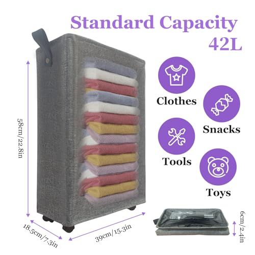 Image of Slim Rolling Laundry Basket with Wheels, 42L Narrow Laundry Hamper with Mesh Drawstring Cover & Handles, Collapsible Dirty Clothes Bin for Small Spaces, Dorm, Apartment, Bathroom, Dark Grey