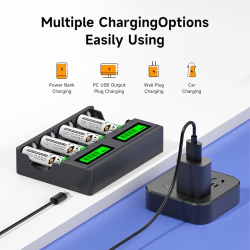 Mspalocell 1,5v 3600mWh Lithium Akku AA wiederaufladbar mit Ladegerät, 8 Slots USB C Type-C Unabhängiges Laden LCD Intelligent Schnell Ladegerät, mit 8 Stück Batterien AA