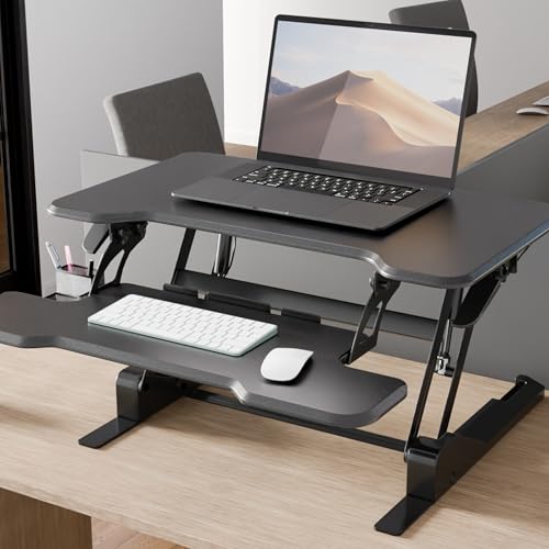 Image of Mount-It! Height Adjustable Standing Desk Converter, Compact 30 inch Wide Tabletop Standing Desk Riser with Gas Spring, Desktop Stand Up Workstation with Keyboard Tray Fits Monitor or Laptop, Black
